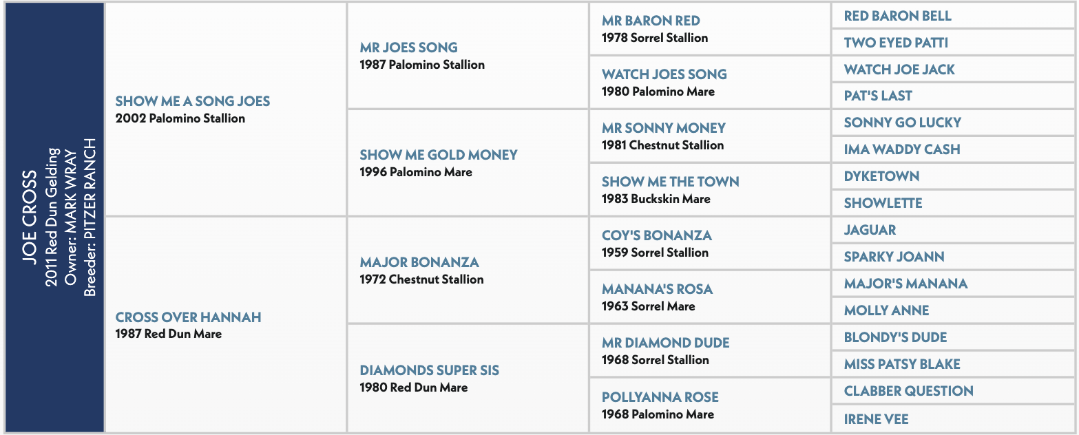 Joe Cross pedigree chart showing ancestral bloodlines from 2011 Red Dun Gelding, Owner Mark Way Ranch, Breeder Pitzer Ranch