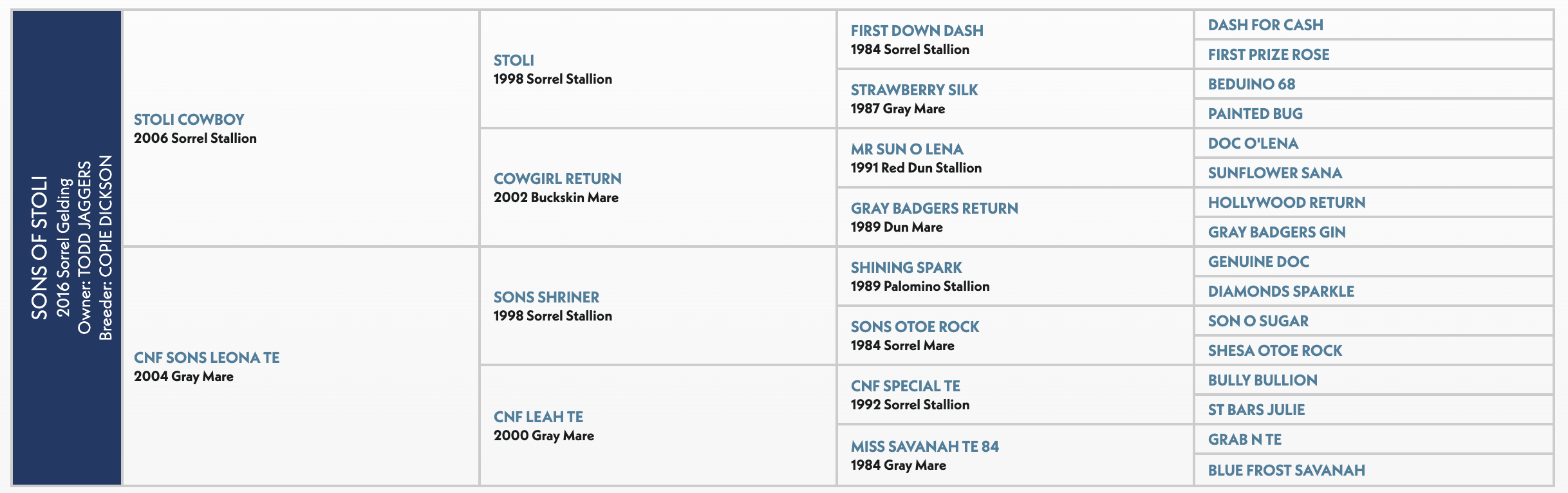 Pedigree chart for Sons of Stoli, a 2006 sorrel stallion, showing his ancestors and offspring across multiple generations in horse breeding
