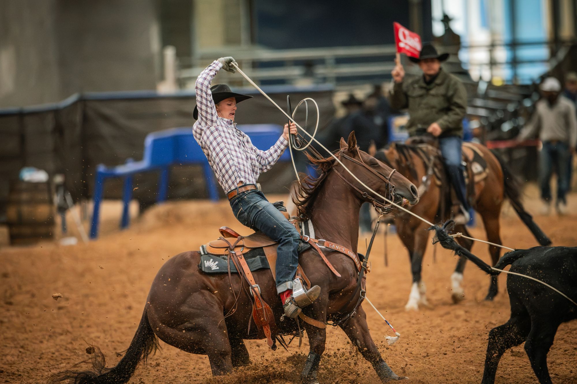 Sylais K. York heels on Dainty Rey Cat at the Old West World Championships in Amarillo, Texas.
