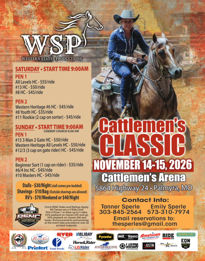 Cowboy on horseback in blue shirt and hat promotes Cattlemen's Classic event November 14-15, 2026 at Cattlemen's Arena in Palmyra, Missouri, with event details and contact information listed below
