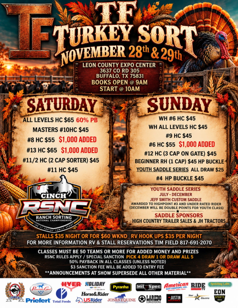 TF Turkey Sort ranch sorting competition poster for November 28-29 at Leon County Expo Center in Buffalo, Texas, featuring event schedule and sponsor logos