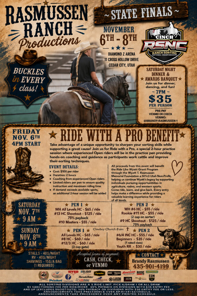 Rasmussen Ranch Productions flyer for CINCH RSNC State Finals, November 6-8, featuring a rider on horseback and details about ranch sorting competitions and events in Cedar City, Utah