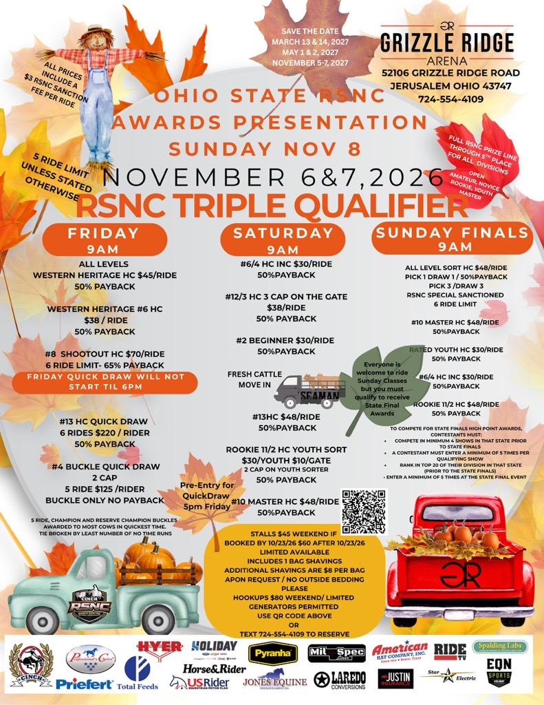Ohio State RSNC Awards Presentation flyer for November 6-7, 2026 at Grizzle Ridge Arena listing qualifier events, ride prices, and payback percentages