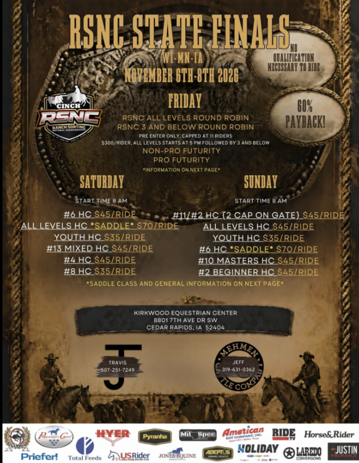Cinch RSNC State Finals poster for ranch sorting competition November 6-8, 2026 at Kirkwood Equestrian Center in Cedar Rapids, Iowa, listing event details and entry fees for multiple divisions