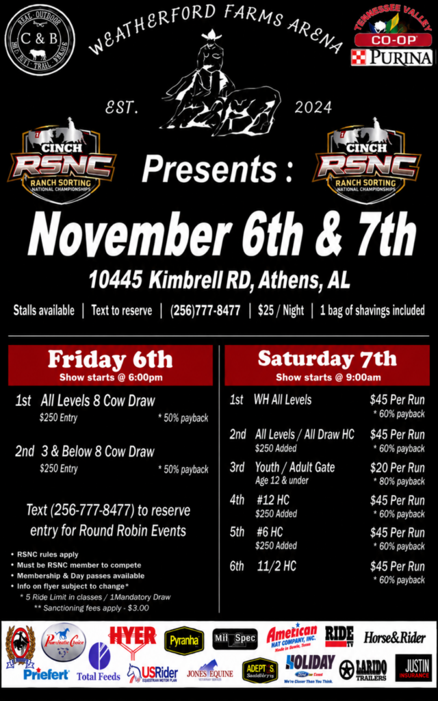 Weatherford Farms Arena event flyer for Cinch RSNC Ranch Sorting competition November 6-7, 2024 in Athens, Alabama