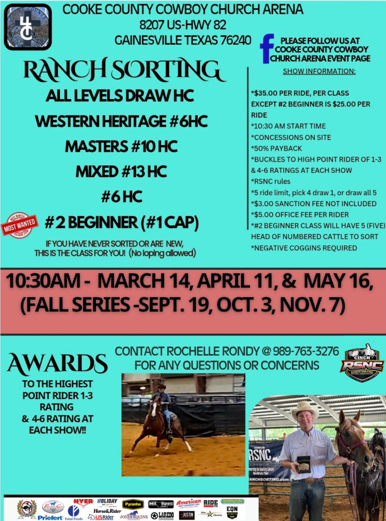 Cooke County Cowboy Church Arena flyer advertising ranch sorting competitions at multiple levels with event dates, pricing, and contact information for Rochelle Rondy