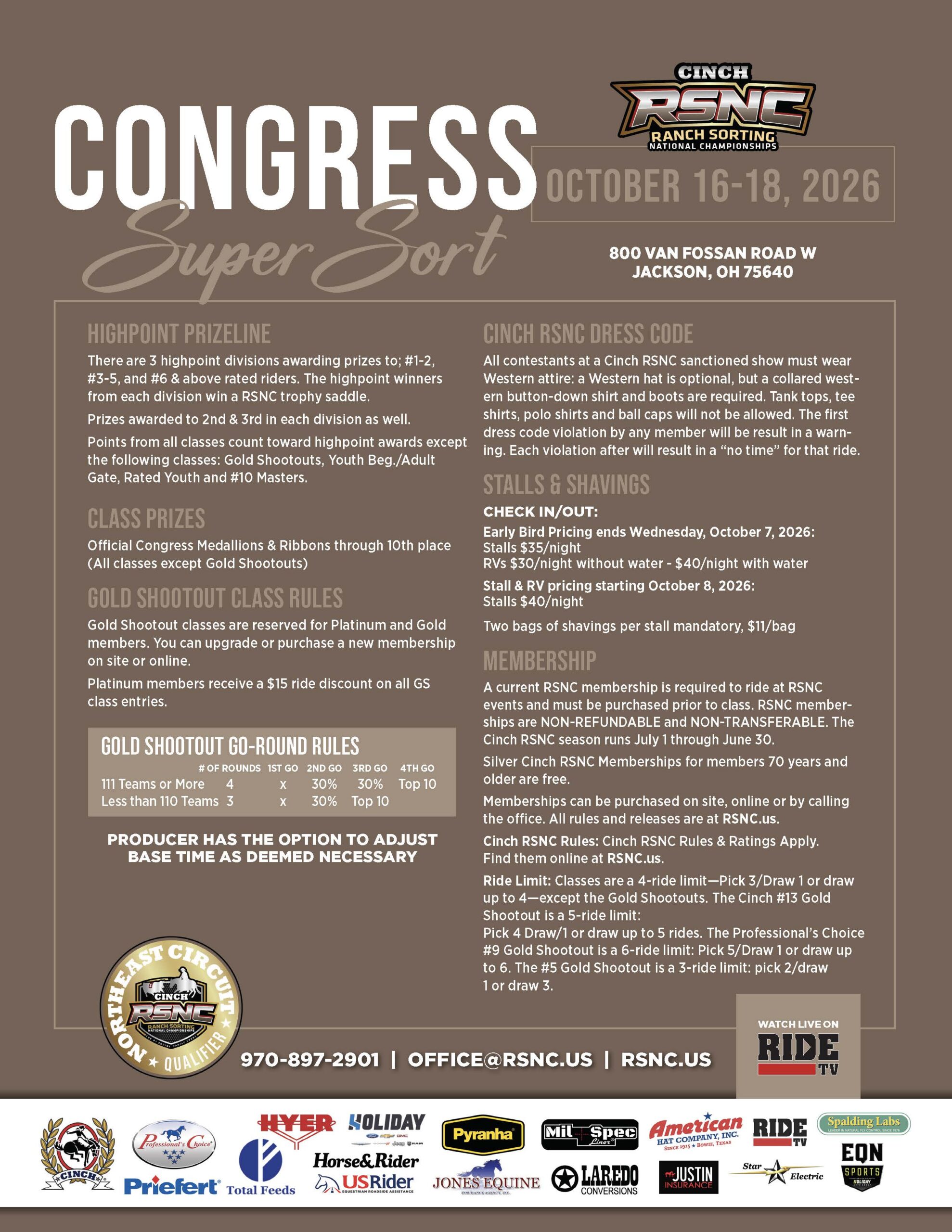Cinch RSNC Congress Super Sort event flyer for October 16-18, 2026 in Jackson, Ohio, detailing competition rules, prizes, stall information, and membership requirements
