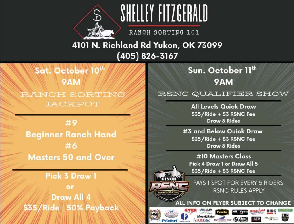 Shelley Fitzgerald Ranch Sorting 101 event flyer advertising jackpot sorting on October 10th and RSNC Qualifier Show on October 11th in Yukon, Oklahoma