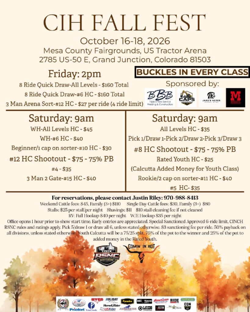 CIH Fall Fest rodeo event flyer for October 16-18, 2026 at Mesa County Fairgrounds in Grand Junction, Colorado, listing classes and fees for horseback riding competitions
