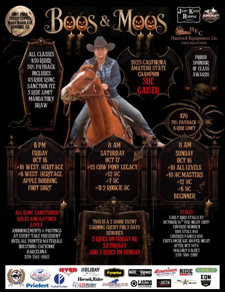 Boos & Moos rodeo event poster featuring a cowboy on horseback, advertising horse showing classes and ranch sorting competitions at the Lodi Fairgrounds October 16-18