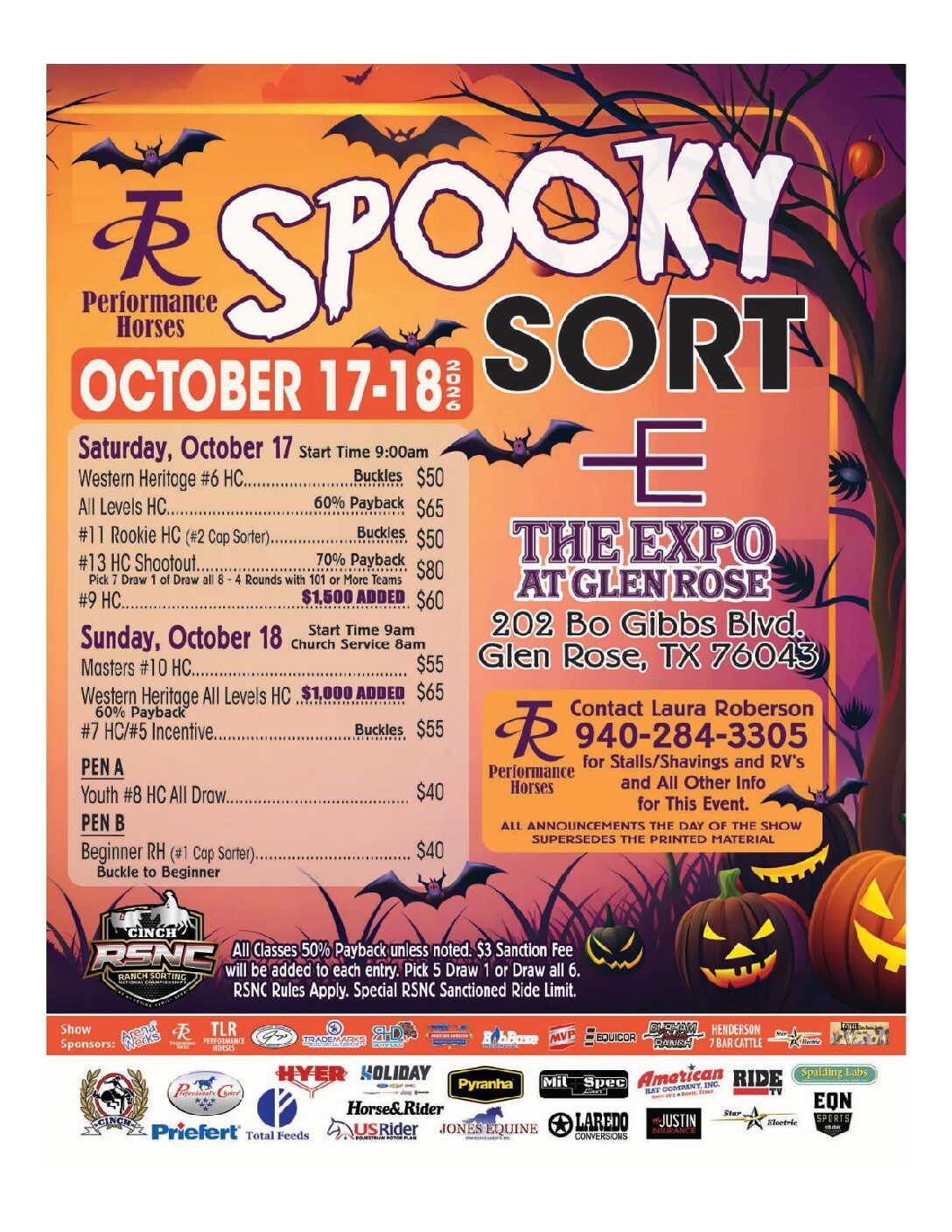 Spooky Sort horse show flyer for October 17-18 at Glen Rose, TX, featuring Halloween-themed graphics with bats and jack-o'-lanterns