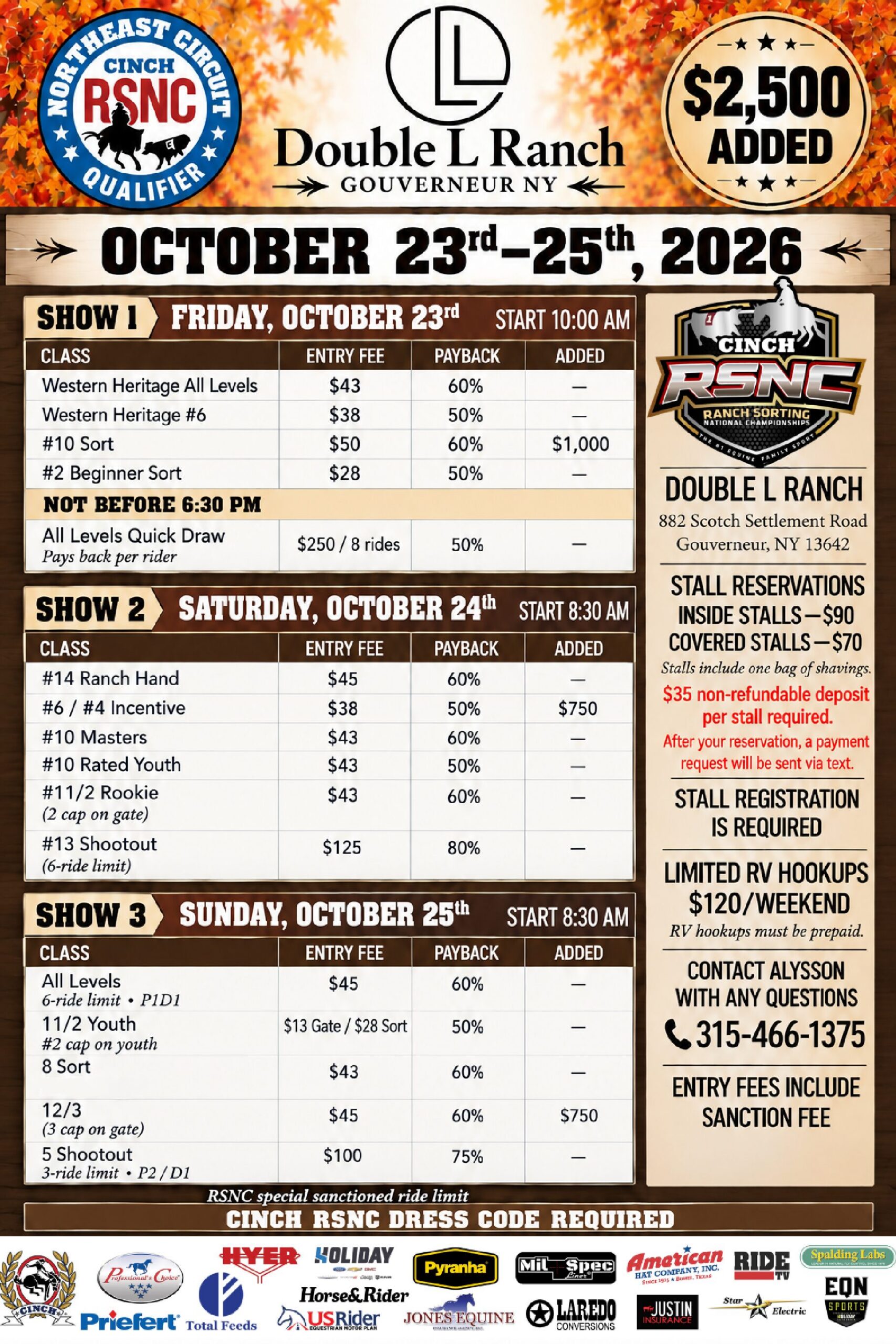 Cinch RSNC Ranch Sorting National Championships flyer for October 23-25, 2026 at Double L Ranch in Governeur, NY, listing three shows with entry fees, payback percentages, and added money totaling $2,500.