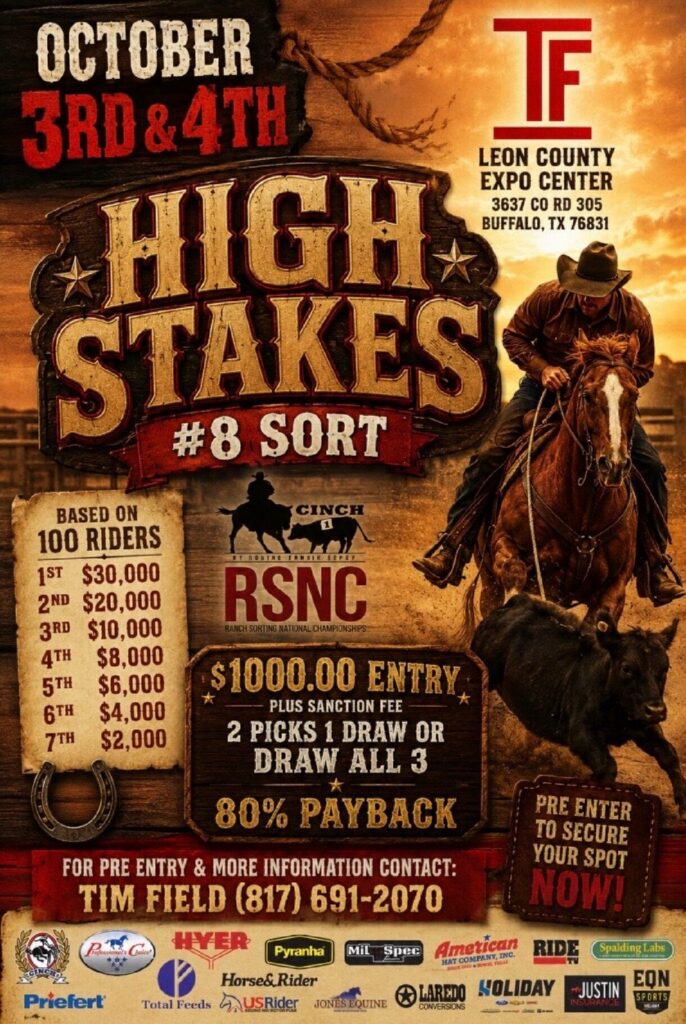 Promotional poster for High Stakes #8 Sort rodeo event on October 3rd & 4th at Leon County Expo Center in Buffalo, Texas, featuring a cowboy on horseback roping a steer, with entry fee and prize purse information