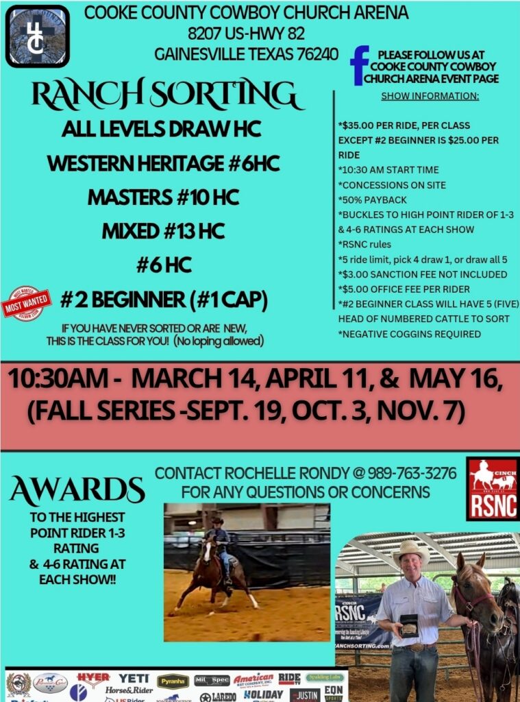 Cooke County Cowboy Church Arena ranch sorting event flyer advertising multiple competition classes on March 14, April 11, and May 16 in Gainesville, Texas