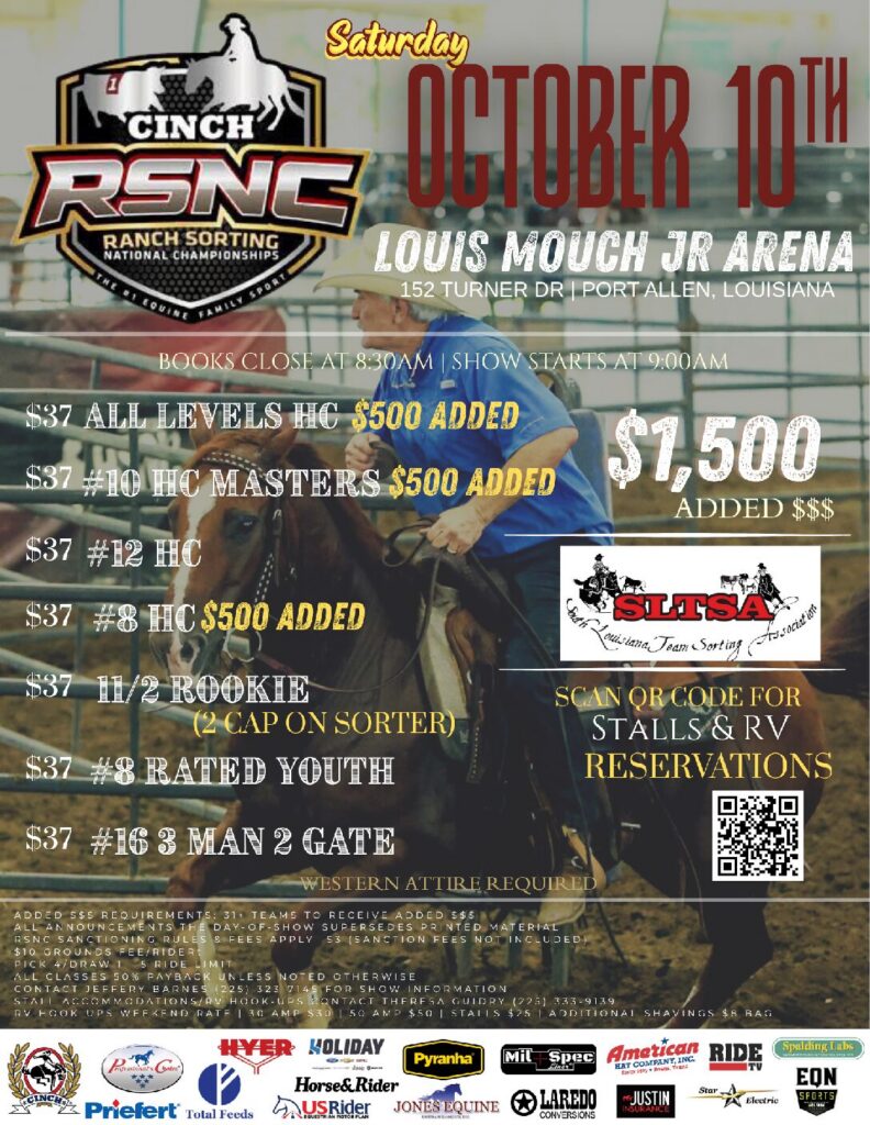 Cinch RSNC Ranch Sorting National Championships poster for October 10th event at Louis Mouch Jr Arena in Port Allen, Louisiana, featuring a rider on horseback sorting cattle