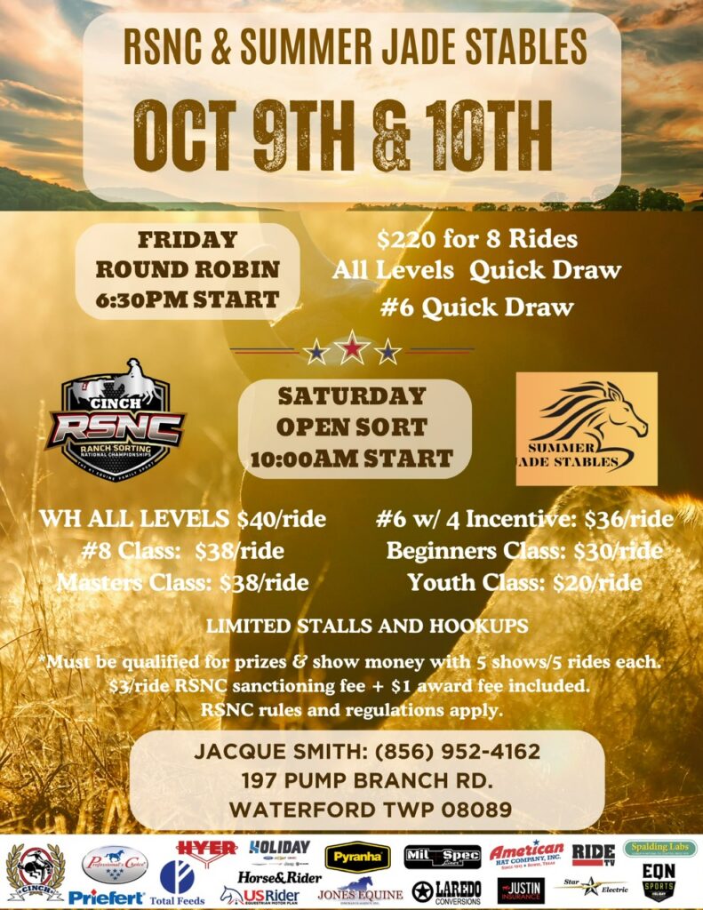 Promotional flyer for RSNC and Summer Jade Stables ranch sorting events on October 9th and 10th, featuring competition details, pricing, and contact information.