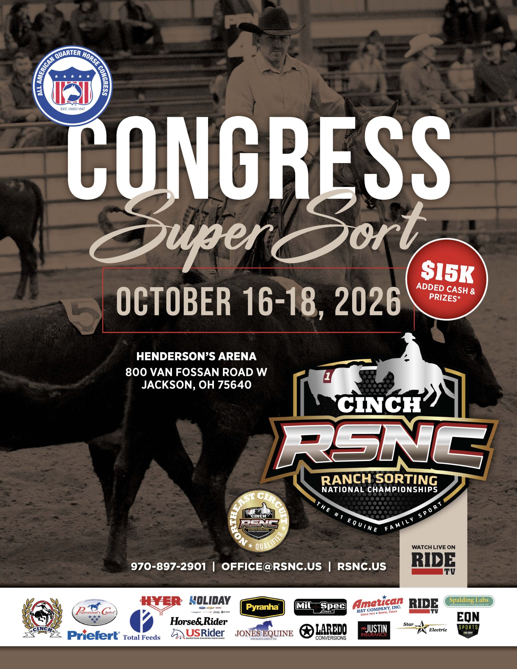 Congress Super Sort ranch sorting event poster for October 16-18, 2026 at Henderson's Arena in Jackson, Ohio, featuring $15K in added cash and prizes