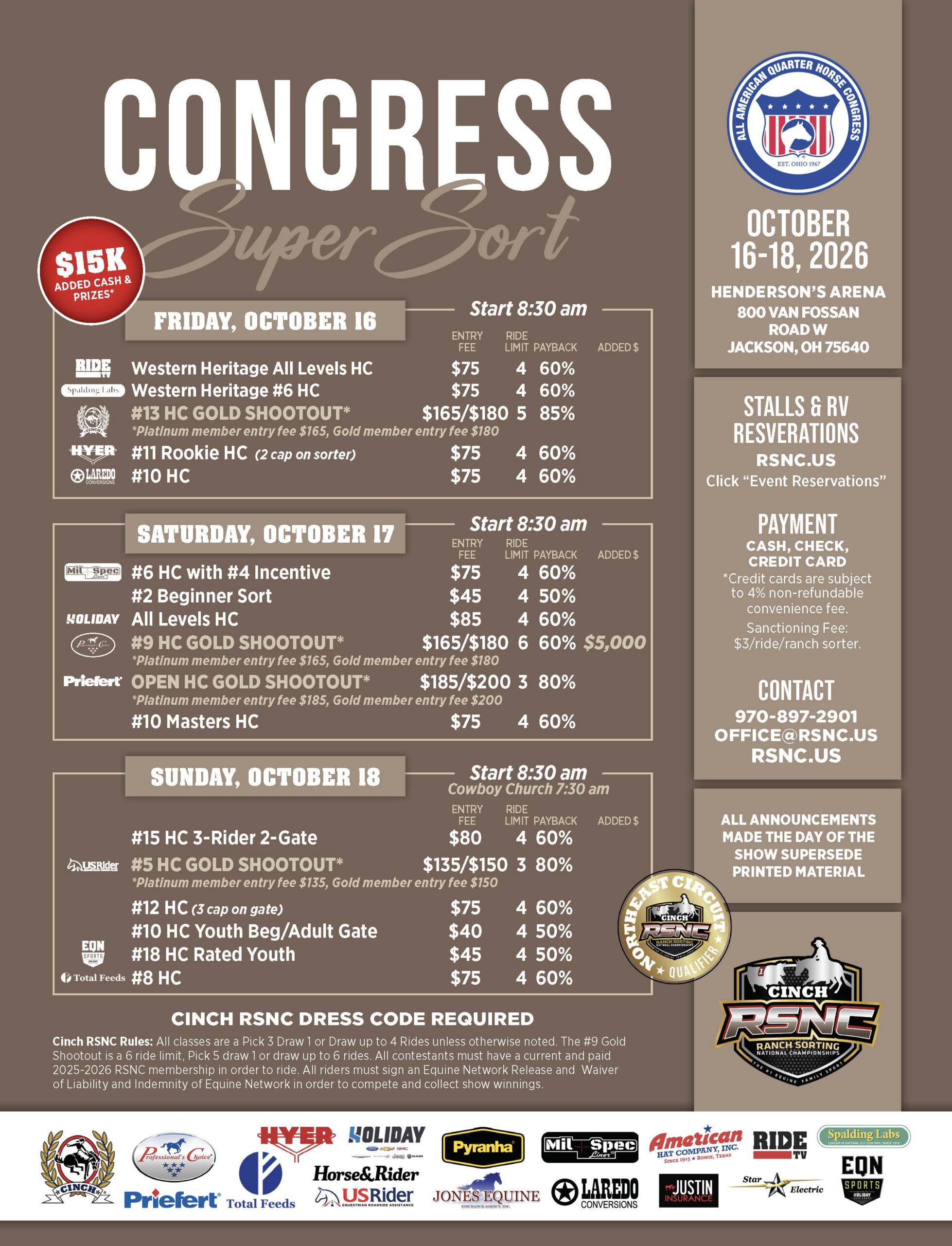Congress Super Sort event flyer for October 16-18, 2026 at Henderson's Arena in Jackson, Ohio, listing entry fees, ride limits, and payback percentages for multiple ranch sorting classes across three days