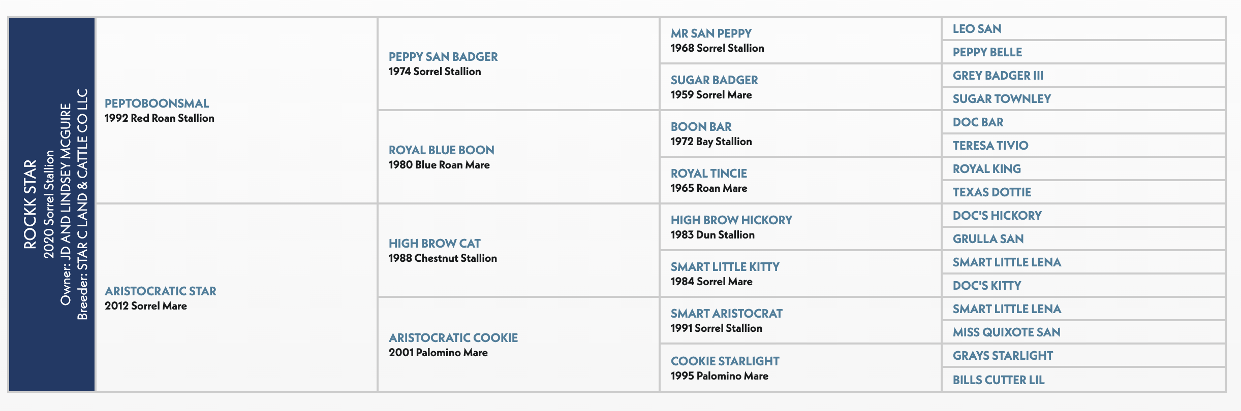Pedigree chart for Rocks Star, a 2020 Sorrel Stallion owned by RSNC, showing four generations of ancestry including mares and stallions from 1959 to 2012