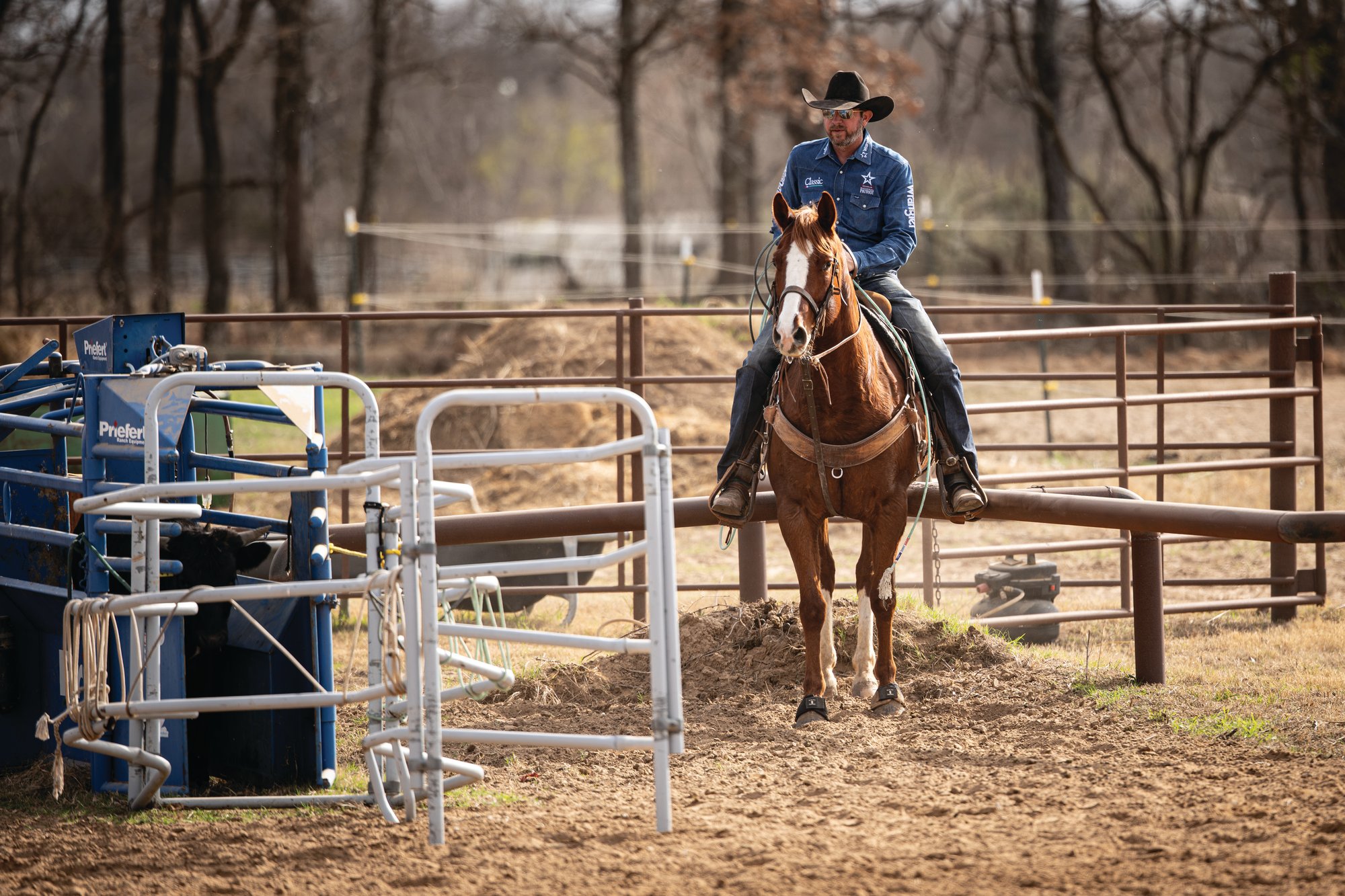 Logan Olson sitting on a horse beside the scoring lane gates