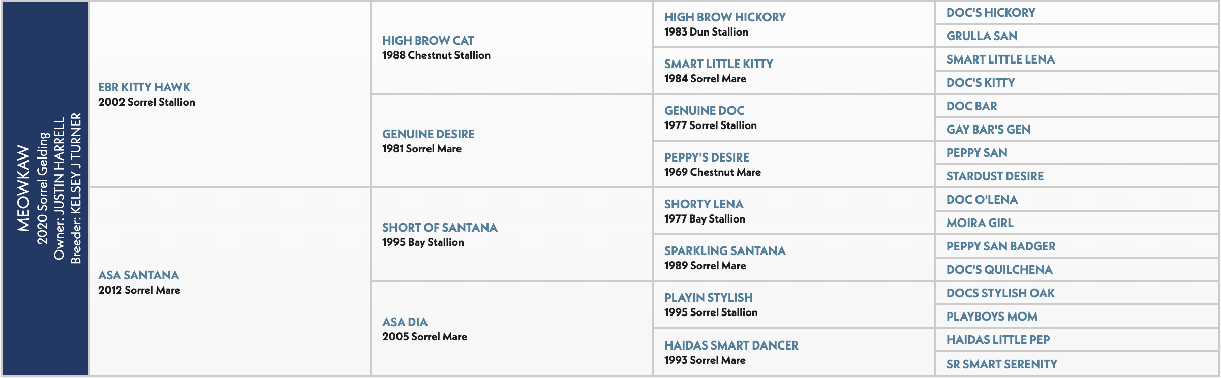 Pedigree chart for Meowkaw, a 2020 sorrel gelding by EBR Kitty Hawk out of Asa Santana