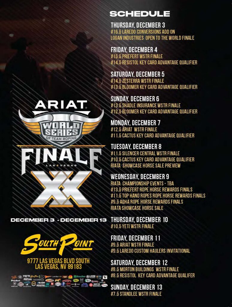 ARIAT World Series Finale X schedule for December 3-13 at South Point in Las Vegas, featuring multiple WSTR finals and key card advantage qualifiers across rodeo disciplines