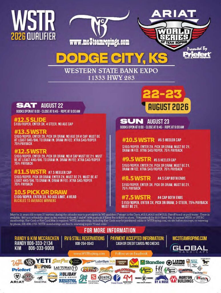 WSTR 2026 Qualifier flyer for Dodge City, Kansas team roping event August 22-23 at Western State Bank Expo
