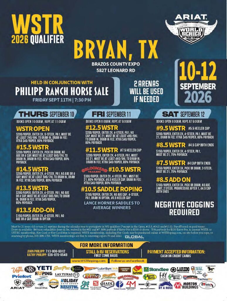 WSTR 2026 Qualifier event flyer for Bryan, Texas, September 10-12, featuring team roping, steer roping, saddle roping, and add-on events at Brazos County Expo