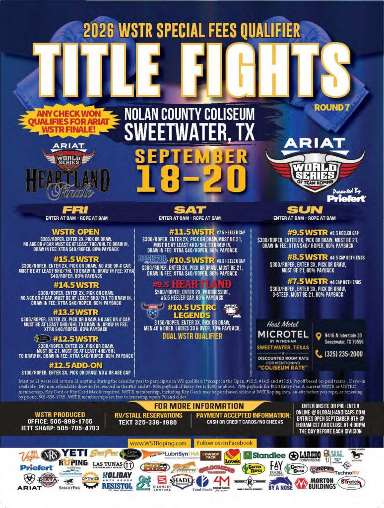 2026 WSTR Special Fees Qualifier Title Fights poster for September 18-20 at Nolan County Coliseum in Sweetwater, Texas