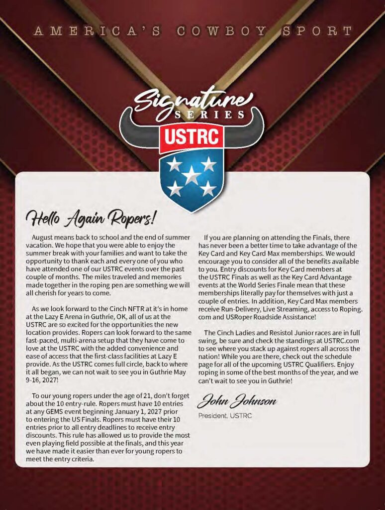 USTRC Signature Series letter from President John Johnson welcoming ropers to the Cinch NFTR Finals at Lazy E Arena in Guthrie, Oklahoma, May 9-16, 2027
