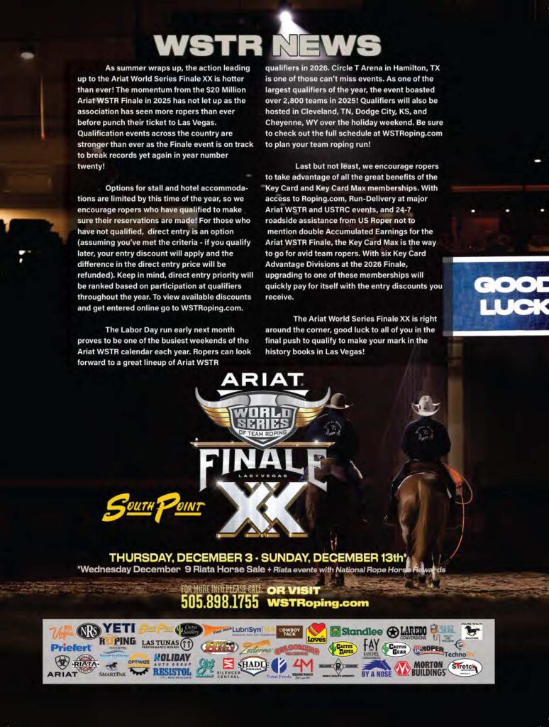 WSTR News announcement for Ariat World Series Finale XX at South Point in Las Vegas, December 3-13, featuring event details and sponsor logos