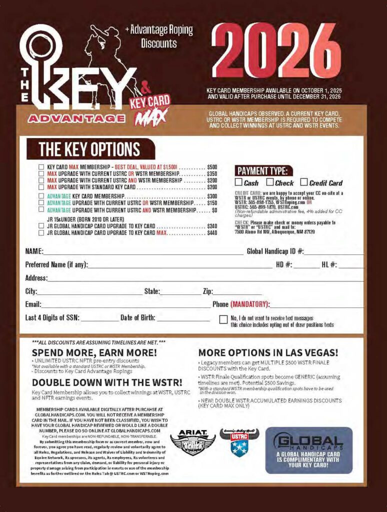 The Key Advantage Max 2026 membership card application form with roping discounts, pricing options ranging from $150 to $500, and payment details for USTRC and WSTR events