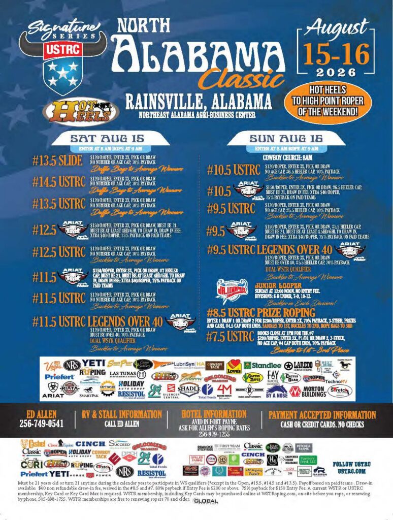 North Alabama Classic USTRC rodeo event flyer for August 15-16, 2026 in Rainsville listing team roping, steer roping, and legends divisions with entry fees and event details