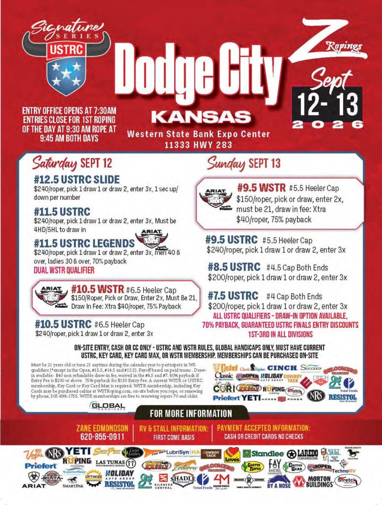 Dodge City, Kansas Z Ropings event flyer for Sept. 12-13, 2026, listing USTRC and WSTR roping competitions with entry fees and rules at Western State Bank Expo Center