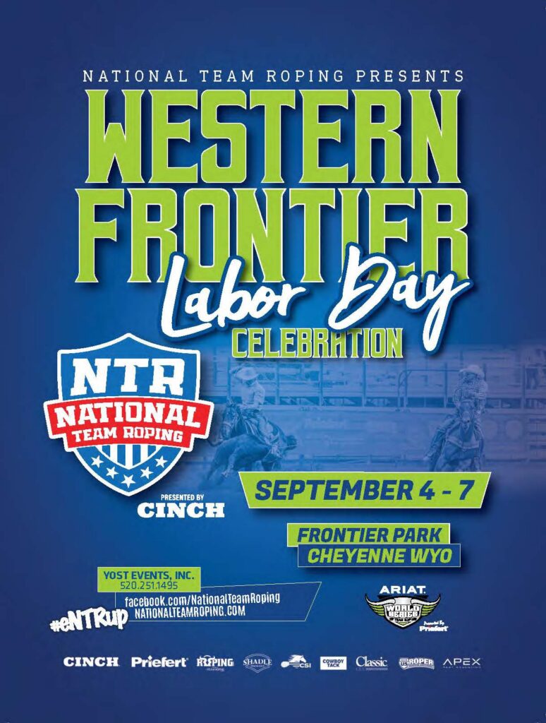 National Team Roping presents Western Frontier Labor Day Celebration poster for September 4-7 at Frontier Park in Cheyenne, Wyoming