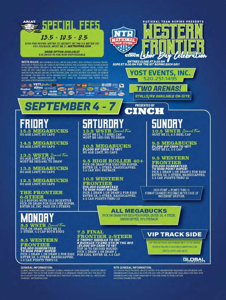 National Team Roping Presents Western Frontier flyer for September 4-7 event with entry fees, event schedule, and prize information across two arenas