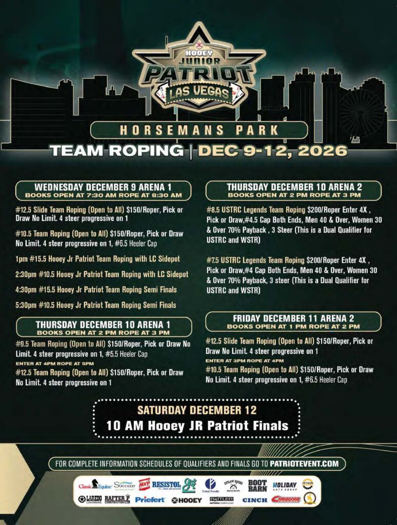 Hooey Junior Patriot team roping event poster for Dec. 9-12, 2026 at Horsemans Park in Las Vegas, listing arena schedules, entry fees, and event details