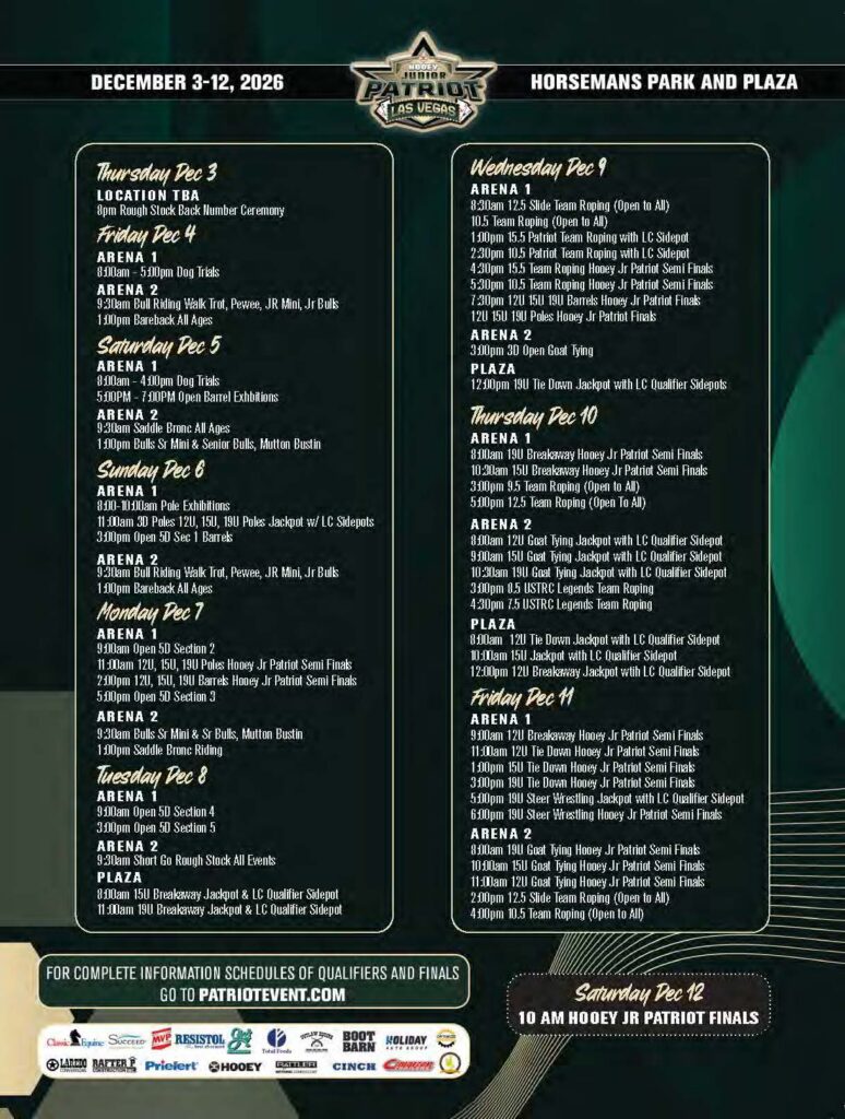 2026 Xtreme Xmas Rodeo schedule for December 3-12 at Horsemans Park and Plaza in Las Vegas, listing daily events across two arenas and plaza including team roping, barrel racing, breakaway roping, and pole racing