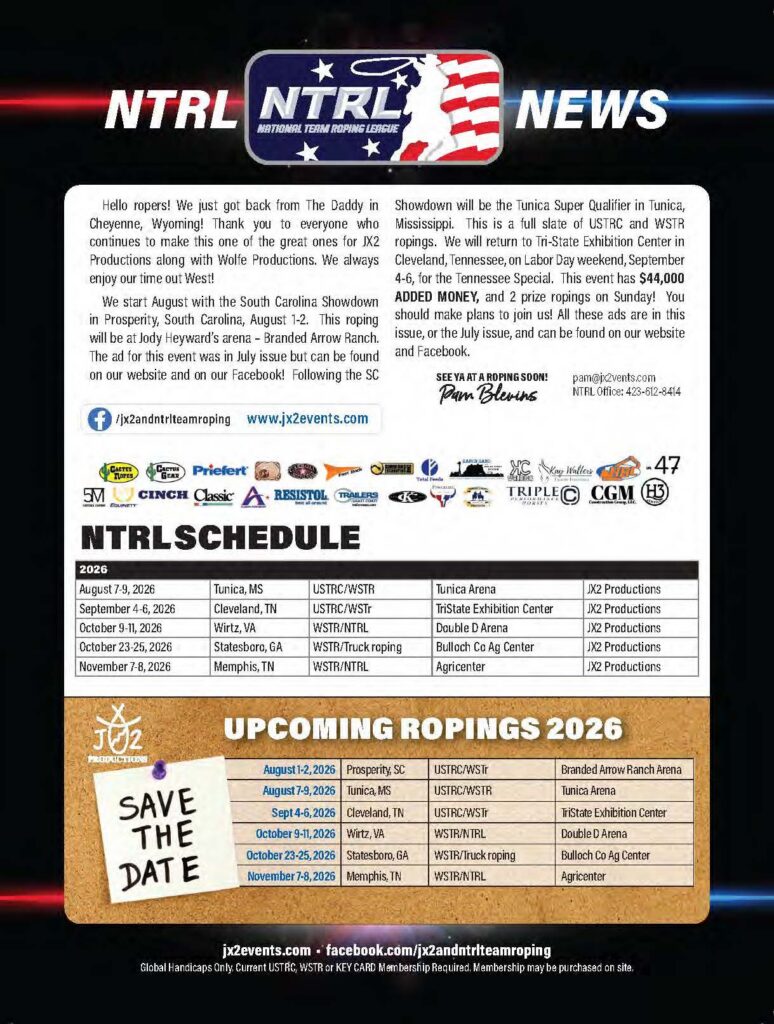 NTRL News announcement featuring 2026 team roping schedule and upcoming ropings across multiple states with event dates and locations