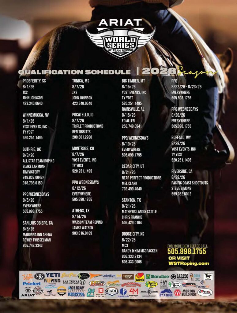 Ariat World Series of Team Roping 2026 qualification schedule poster featuring a close-up of a roper's gloved hand holding a rope