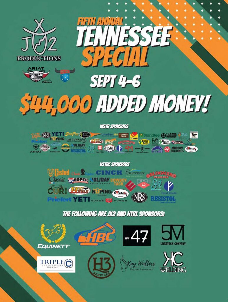 Fifth Annual Tennessee Special rodeo event poster advertising $44,000 added money for September 4-6, featuring JJ2 Productions and multiple sponsor logos