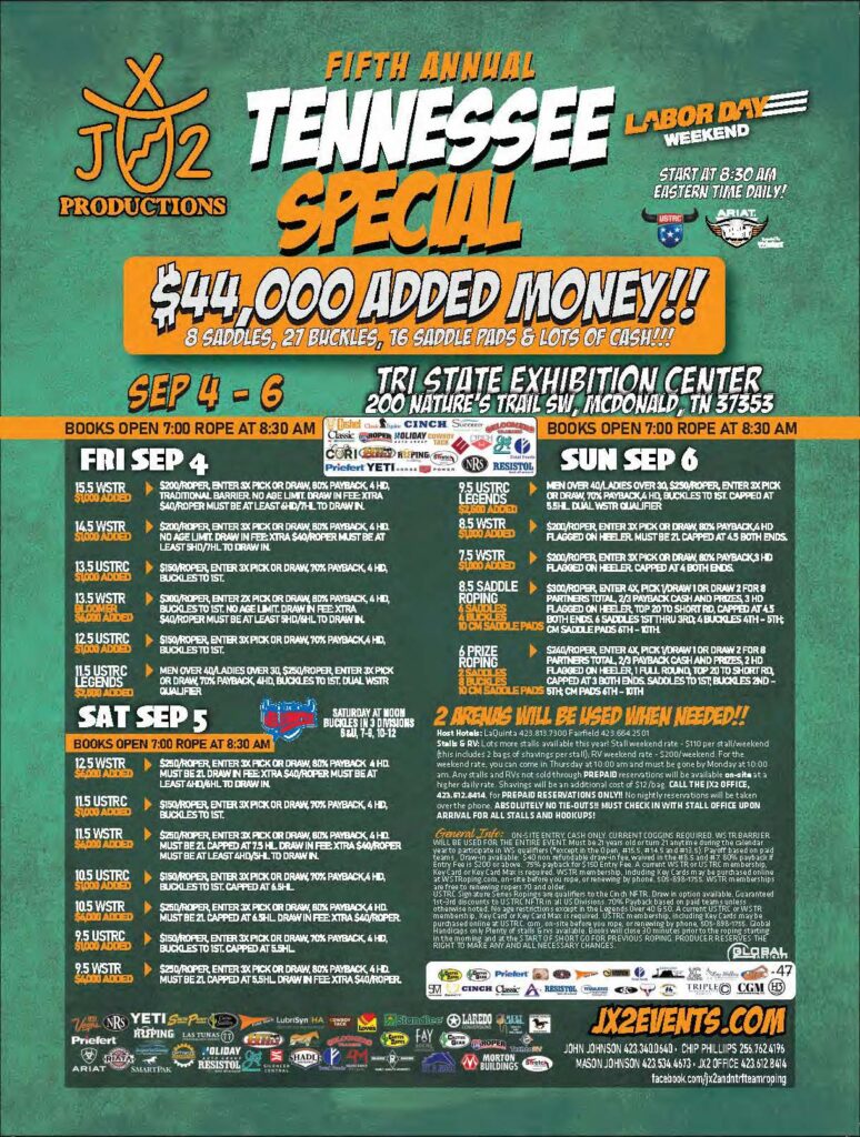 Fifth Annual Tennessee Special Labor Day Weekend rodeo flyer advertising $44,000 added money, team roping, saddle bronc riding, barrel racing, and breakaway roping events at Tri State Exhibition Center in McDonald, Tennessee, September 4-6