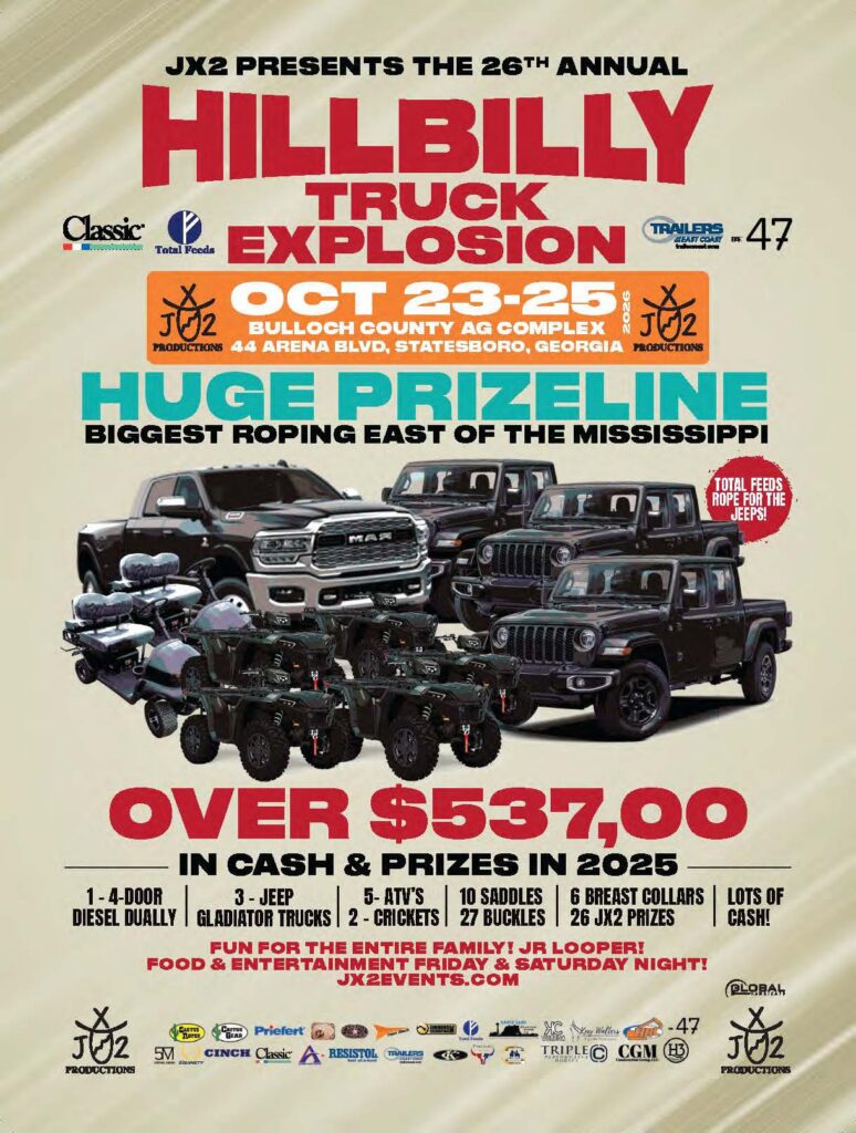 Promotional poster for the 26th Annual Hillbilly Truck Explosion rodeo event October 23-25 in Georgia, advertising over $537,000 in prizes including vehicles, saddles, and cash