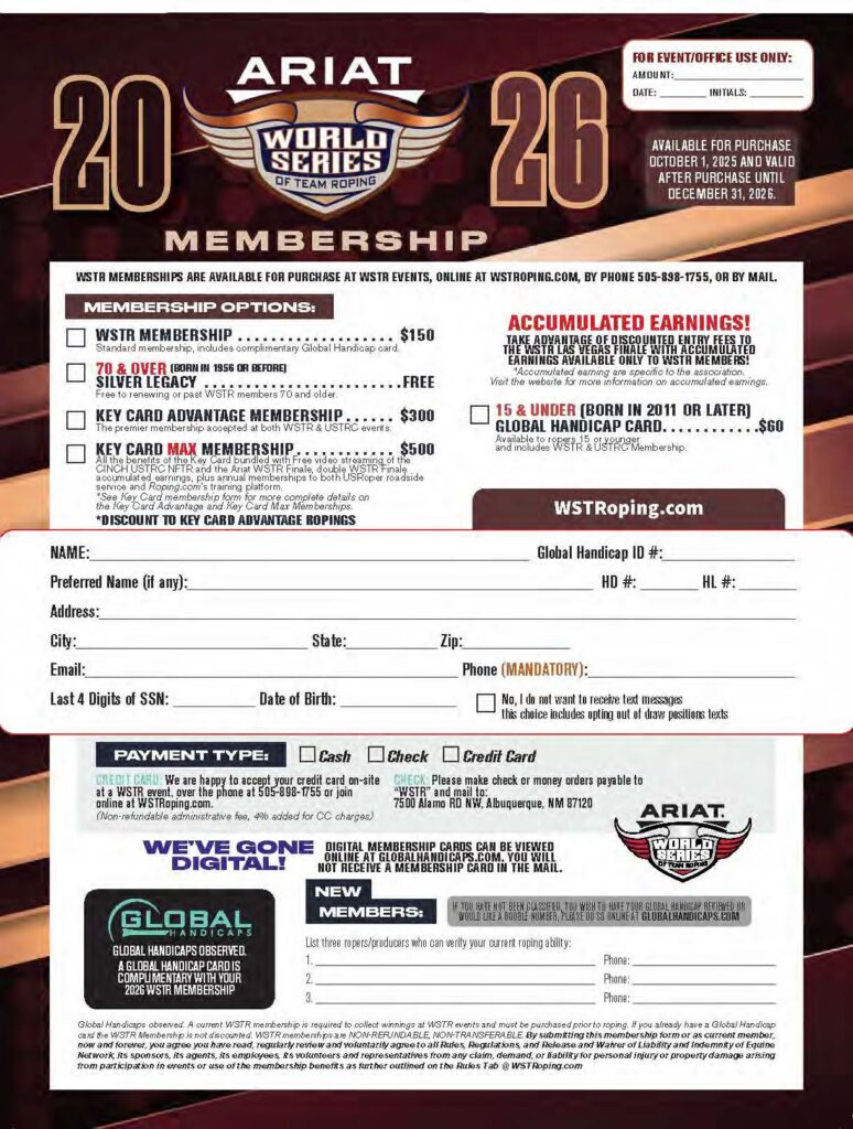ARIAT World Series of Team Roping 2026 membership form with pricing options ranging from $150 to $500 and accumulated earnings details