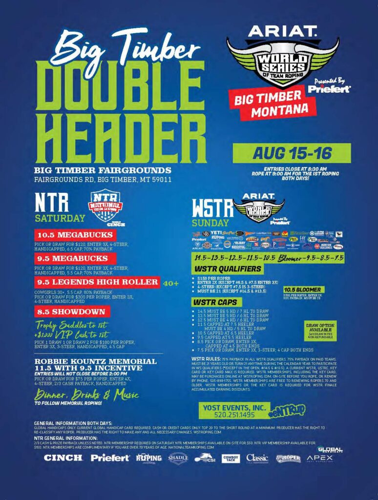Big Timber Double Header rodeo event flyer for August 15-16 at Big Timber Fairgrounds in Montana, featuring NTR and WSTR competitions with entry information and prize details