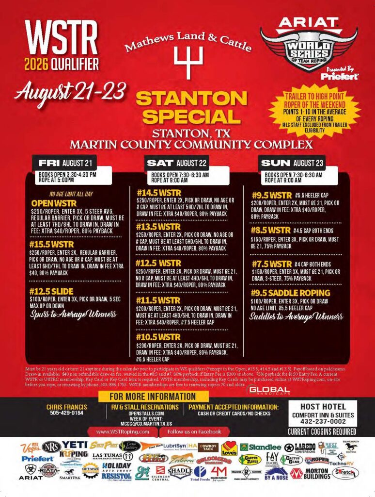 Stanton Special WSTR 2026 Qualifier rodeo event flyer for August 21-23 at Martin County Community Complex in Stanton, Texas, listing team roping, saddle roping, and slide roping events with entry fees and payouts