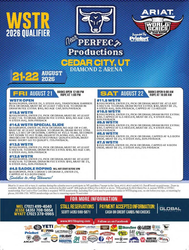 WSTR 2026 Qualifier flyer for team roping event August 21-22 at Diamond Z Arena in Cedar City, Utah, hosted by Near Perfect Productions
