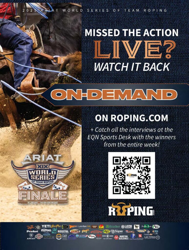 Promotional poster for 2024 ARIAT World Series of Team Roping Finale advertising on-demand replay on Roping.com, featuring a roper on horseback in action with a steer