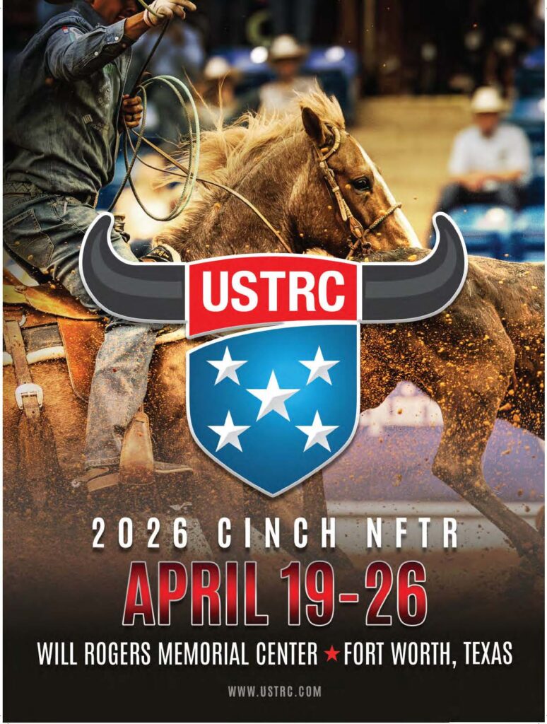 Cowboy on brown horse roping with lasso at USTRC 2026 Cinch NFTR event poster, April 19-26, Fort Worth, Texas