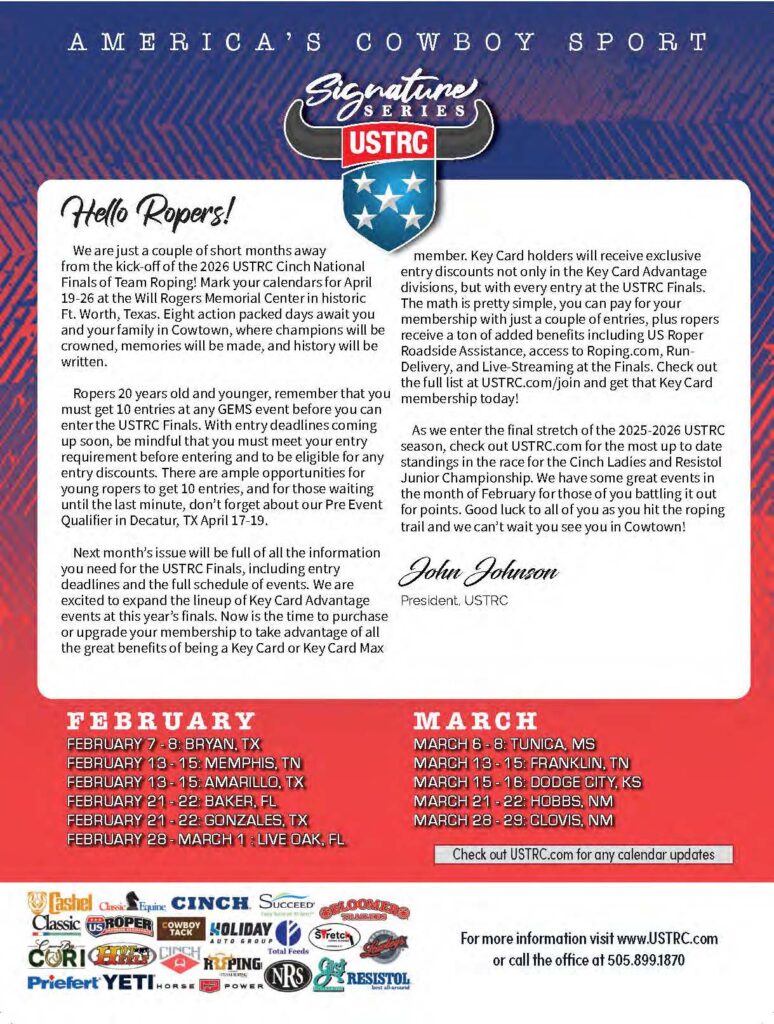 USTRC Signature Series newsletter announcing 2026 Cinch National Finals Team Roping in Fort Worth with February and March event schedule and membership information